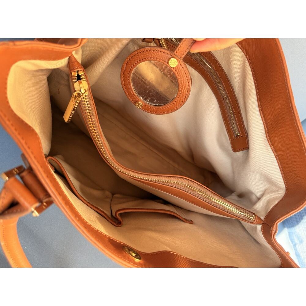 Tory Burch Robinson Saffiano Leather Tote Bag Cognac Brown Zip Satchel 16 Inch - Picture 14 of 16